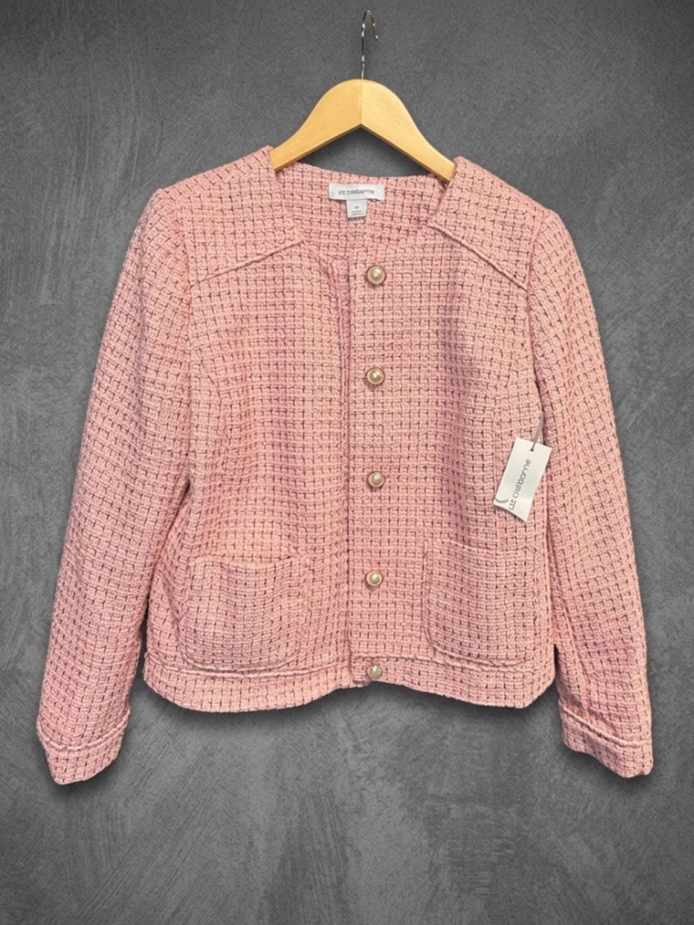 NWT Liz Claiborne Pink Metallic Tweed Boucle Jacket Faux Pearl Buttons sz 10